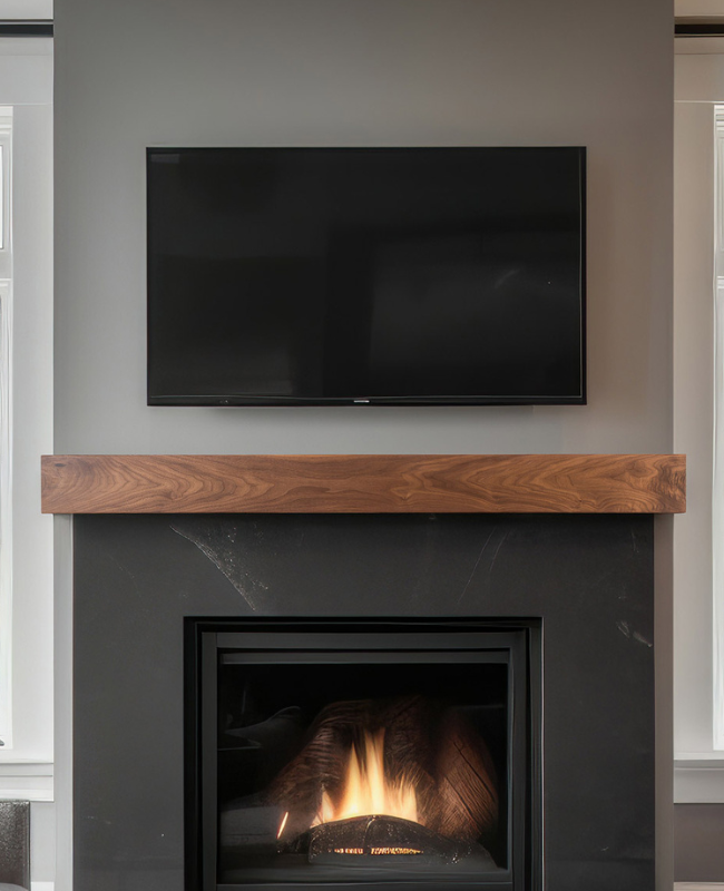 close up of Walnut Creek Wood Fireplace Mantel Shelf in a matte clear stain. over a black fireplace surround and fireplace.