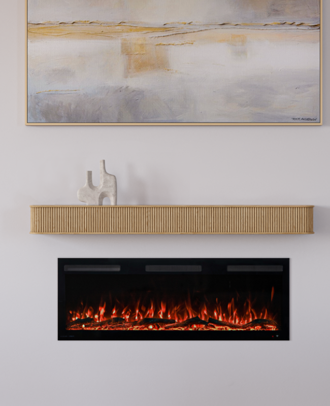 Modern Ember Alfama floating mantel shelf above electric fireplace.