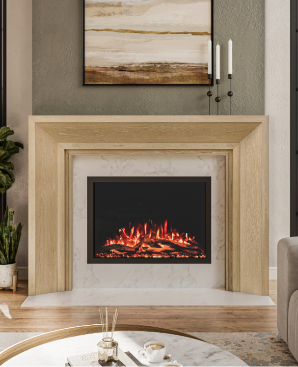 close up of Modern Ember Everly mantel is natural wood.