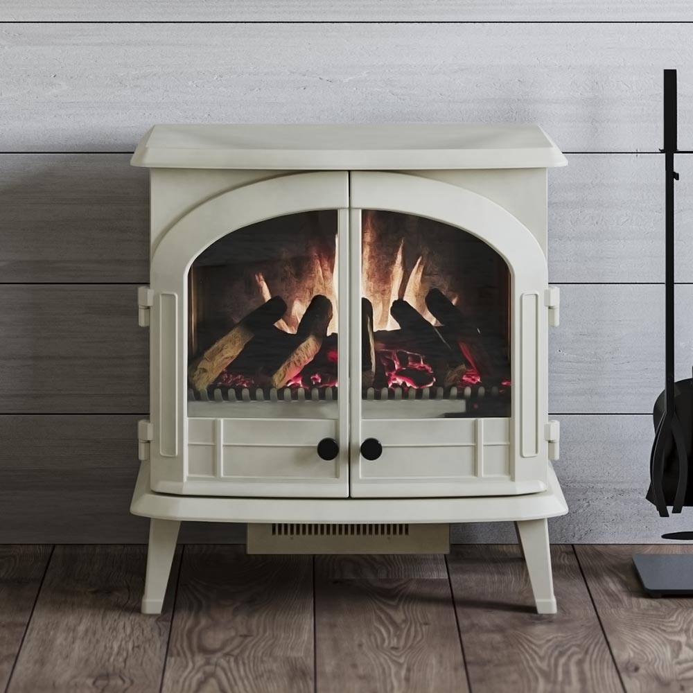 26-inch Harlowe Freestanding Electric Stove in a classic matte white finish, featuring an all-metal body, arched front, and double doors.