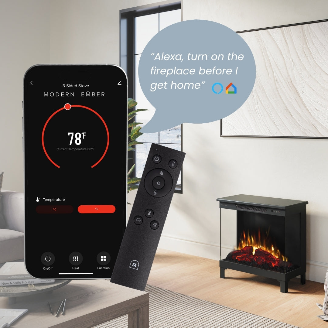Smartphone screen showing the Skyline Smart Stove companion app, highlighting voice control and flame setting adjustments.
