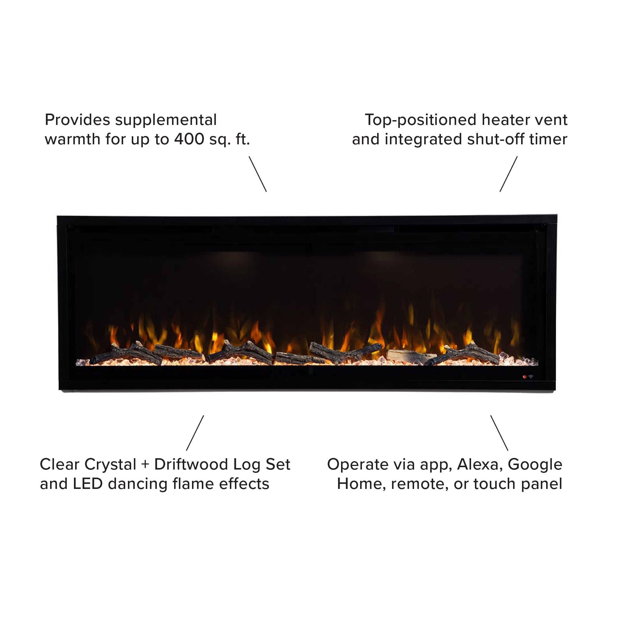 Technical graphic illustrating the Aerus Slim fireplace features: 5 flame colors, 3 speeds, 5 brightness levels, and 10 ember bed colors, along with heating capabilities.
