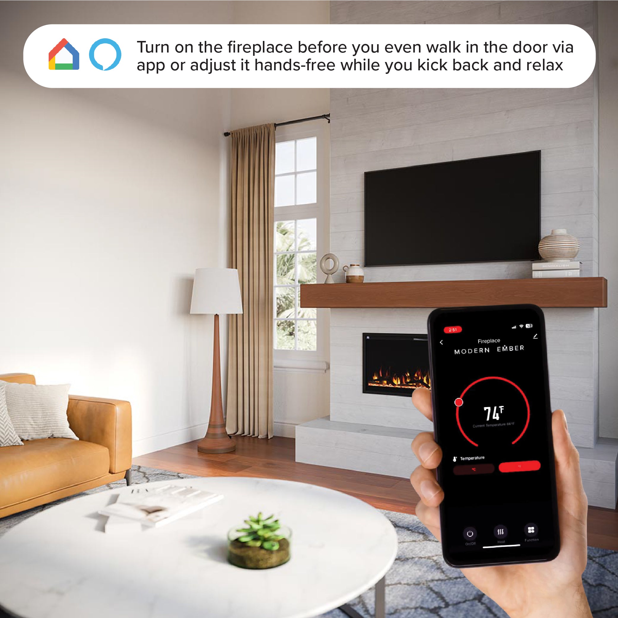 Context Remote Use)	Close-up of a hand using the Aerus Slim Linear Electric Fireplace remote control, highlighting the ease of changing flame and ember bed colors.