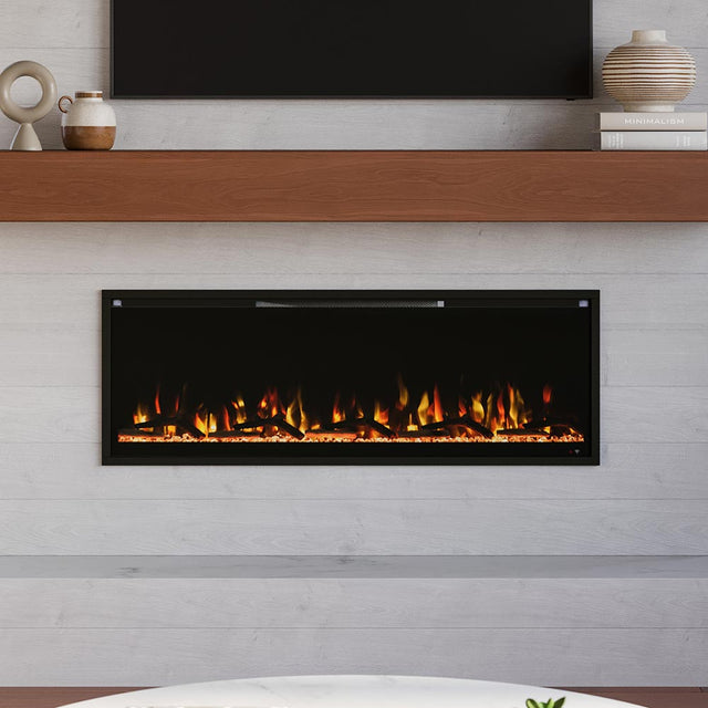 Modern Ember Aerus Slim Linear Electric Fireplace, 50-inch wide model, recessed into a white shiplap wall, showcasing realistic orange and yellow flames over a clear crystal ember bed.