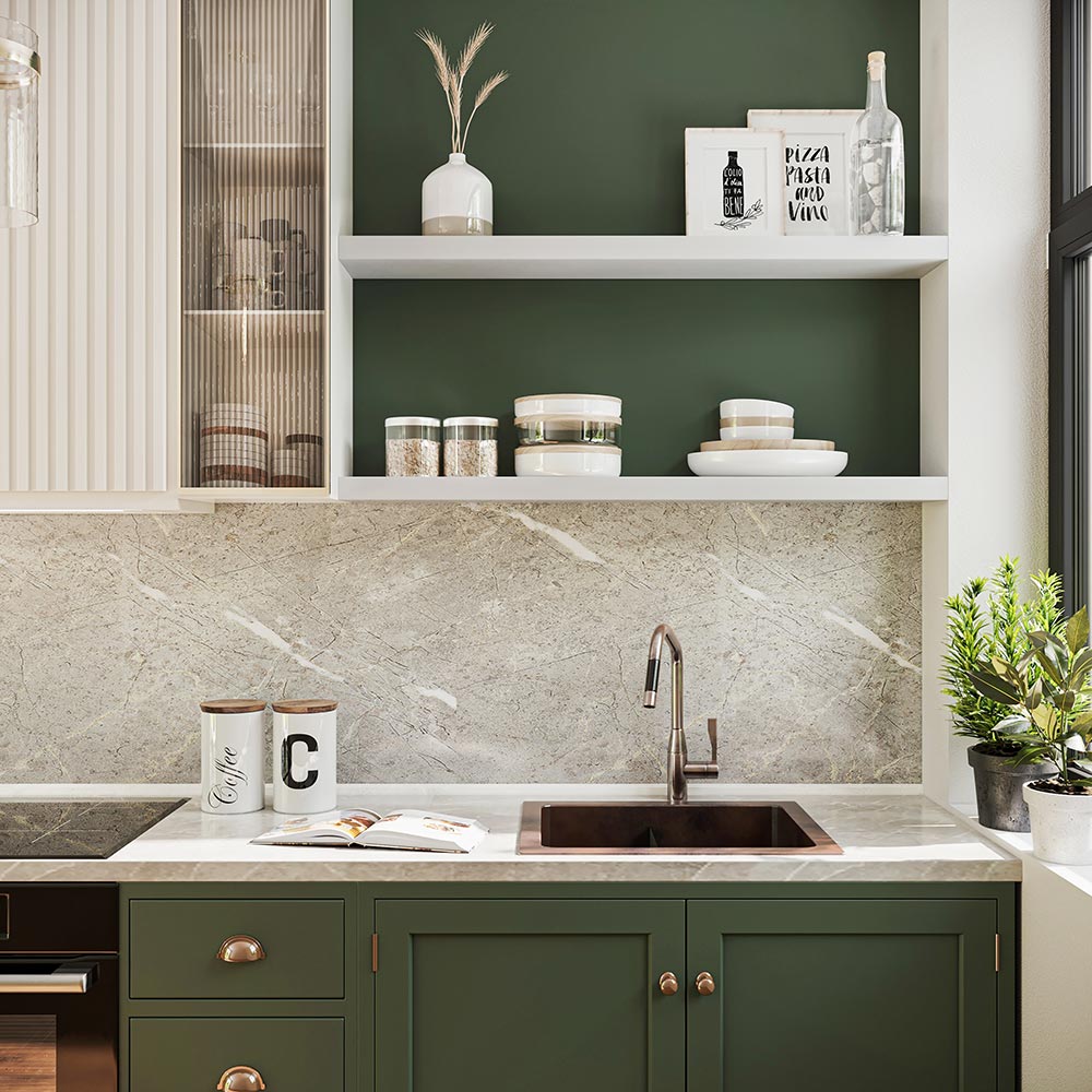 Straight on view of Alma Floating Wall Shelf in wood finish, displayed in a transitional kitchen above marble tile, styled with art, books, and modern accessories.