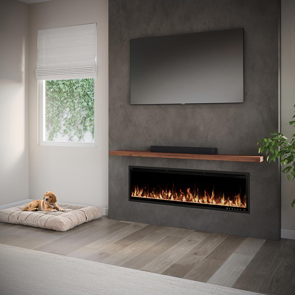 Angle view of Alma Floating Wall Shelf in dark wood finish, mounted beside a modern linear fireplace with built-in shelving for decor and accents.