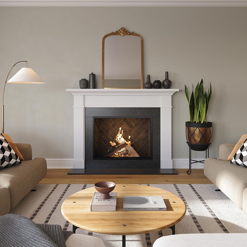 Straight on view of Arden 48x41 Wood Mantel in white painted finish, framing a herringbone firebox with a burning wood fire, styled with modern ceramic vases and a wall mirror for a transitional living room design.