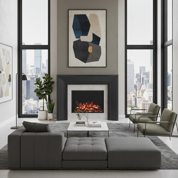 Everly Mantel Surround in black wood finish, installed around an electric fireplace, highlighting its clean lines and modern transitional style.