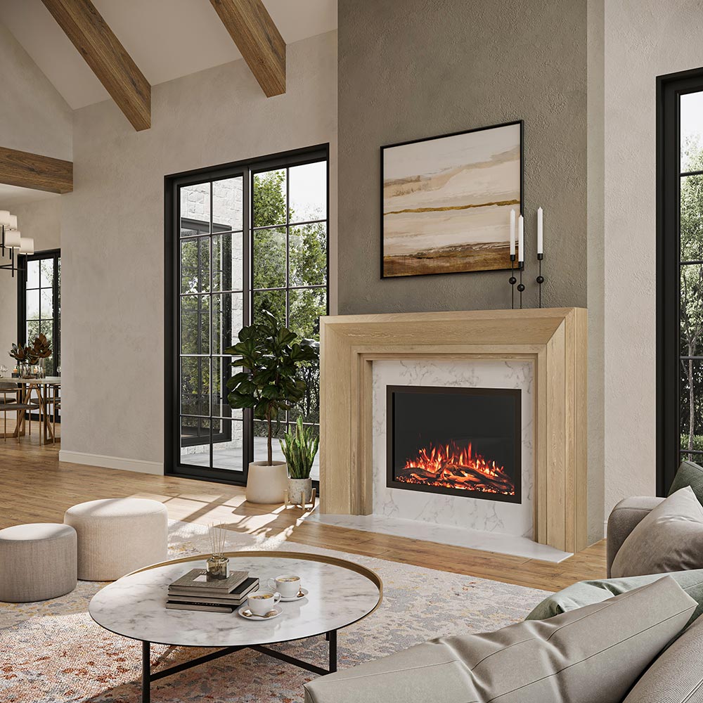 Everly Mantel Surround in light whitewash finish framing an electric fireplace in a contemporary living room, adding warmth and elegance.
