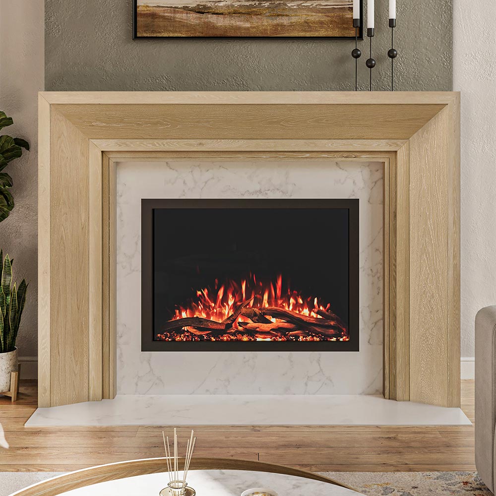 Everly Mantel Surround in natural wood finish, installed around an electric fireplace, highlighting its clean lines and modern transitional style.