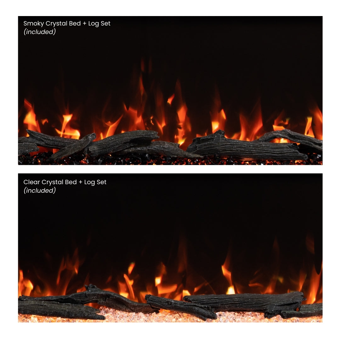 Close-up of the Highmark fireplace's intense orange and yellow flames, demonstrating the realistic, ultra-wide flame display.