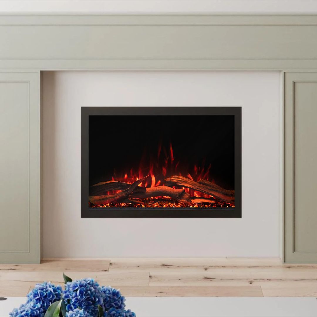 Highmark Traditional Built-in Fireplace installed in a simple white mantel, demonstrating a classic, seamless built-in finish.