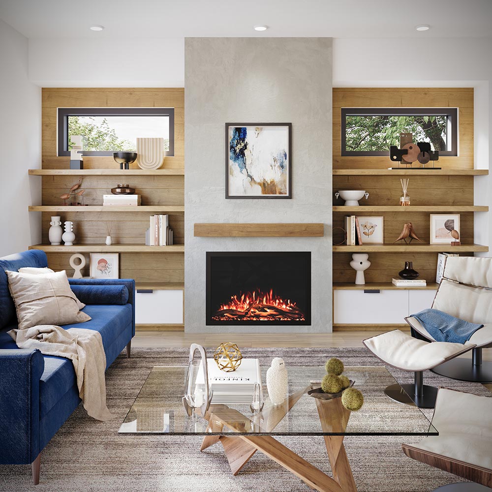 Modern living room with Highmark Traditional 38-in Built-In Electric Fireplace
