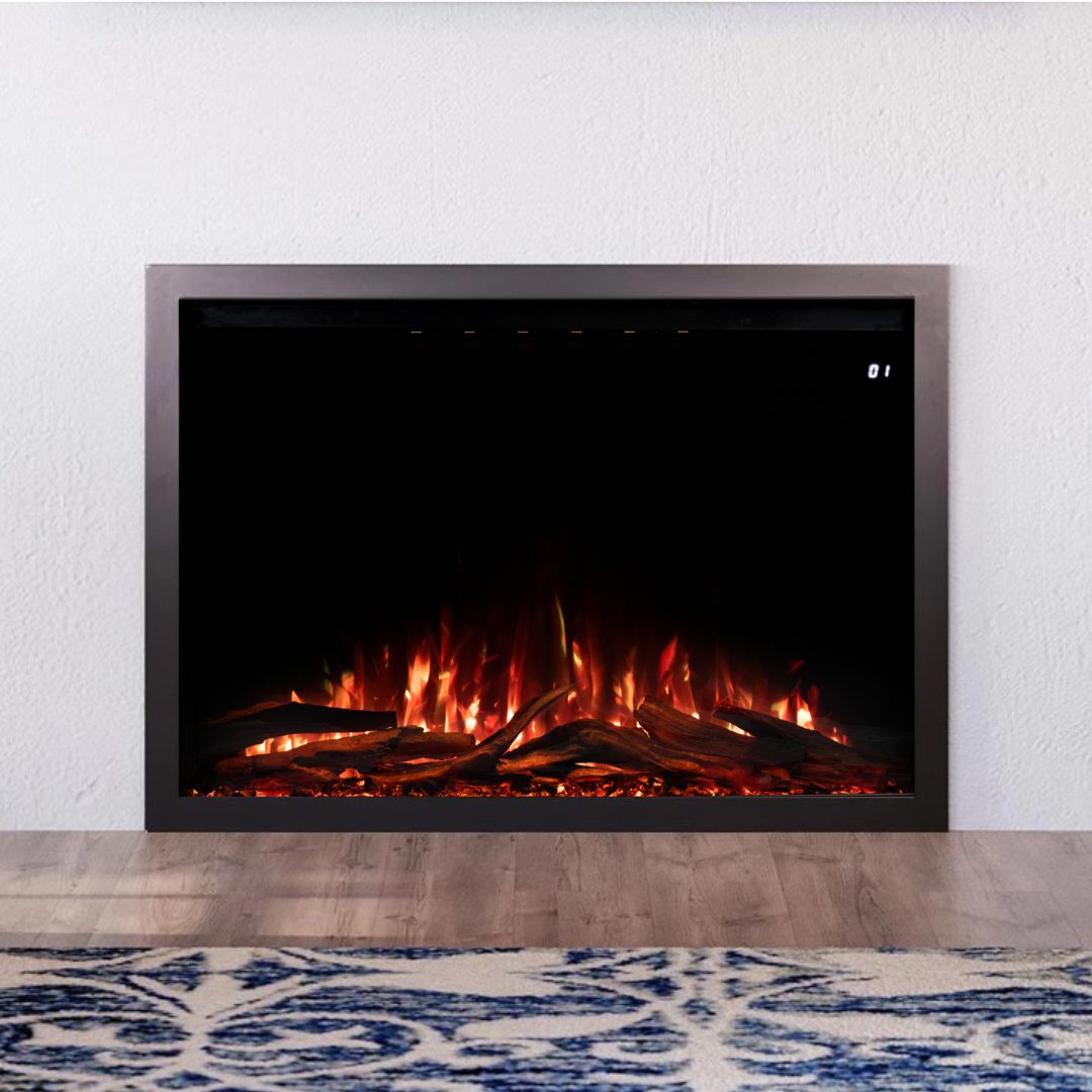 Straight-on view of the Highmark Traditional Fireplace insert, highlighting the black firebox and vibrant flames.