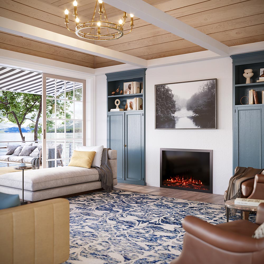 Large traditional living room with the Highmark Built-in Fireplace serving as the central heating and aesthetic focal point.