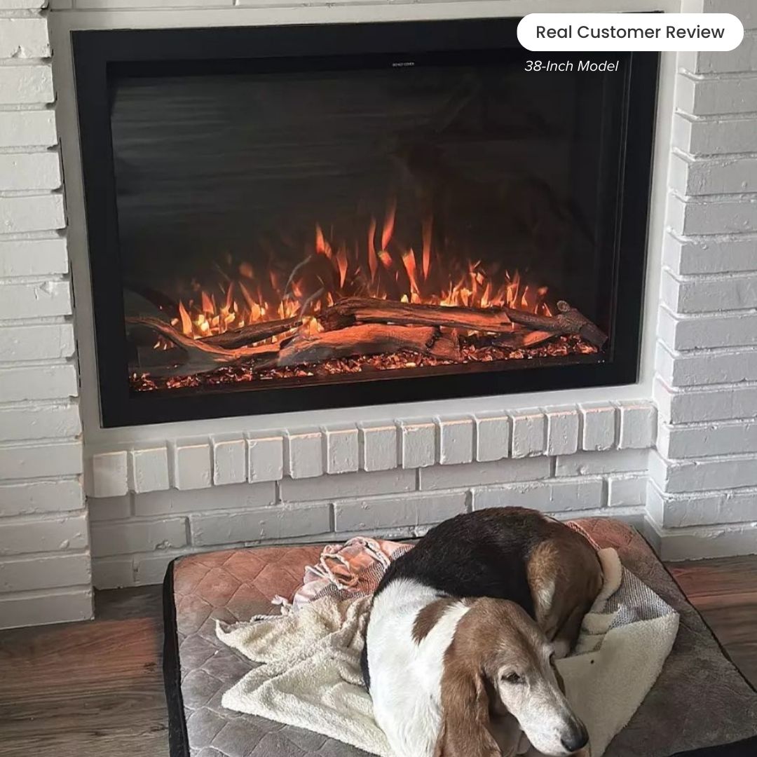 Highmark Built-in Fireplace installed in a cozy, traditional living room with a white brick and dog , showcasing safety features.