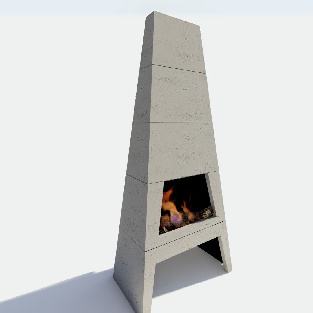Angled side view of the Kairo Outdoor Fireplace, highlighting its tall, sculptural linear form.