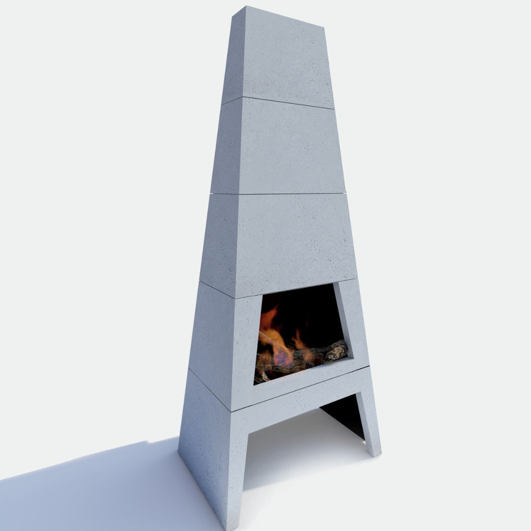 Side profile of the Kairo Outdoor Fireplace in Limestone finish, showing the depth of the durable concrete build.