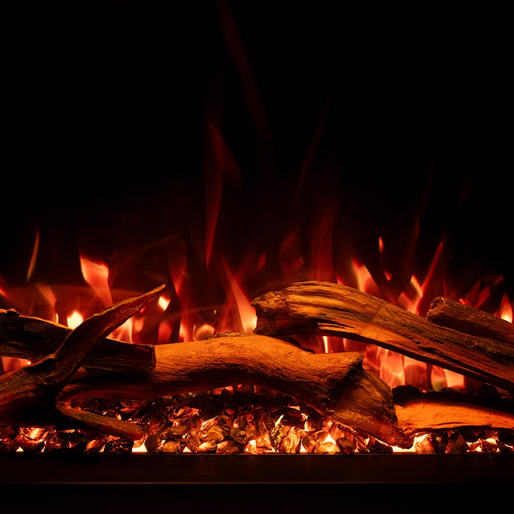 Close-up of the 33-inch smart-tech fireplace insert flames, showing the realistic fire effects.