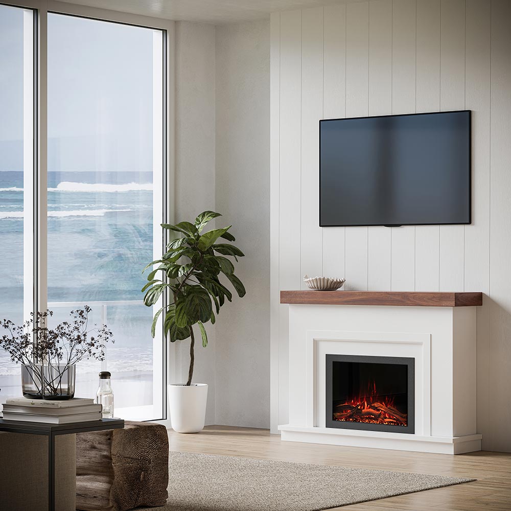 Angled view of the Leila Modern Stone Mantel in a living space, highlighting its modern design and thermostatic heater function.