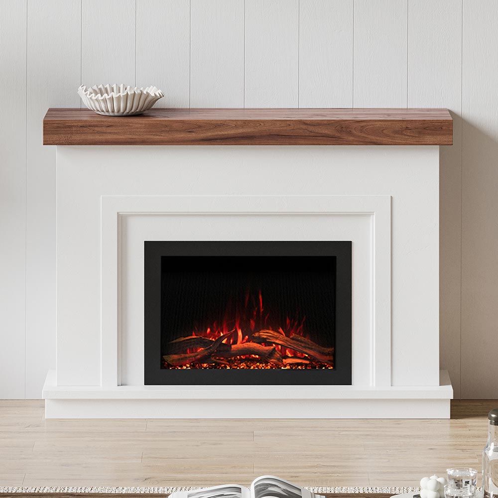 Leila Modern Stone Mantel with a 33" smart-tech electric firebox insert, showcasing the crisp white cast stone and burnished walnut mantel top.