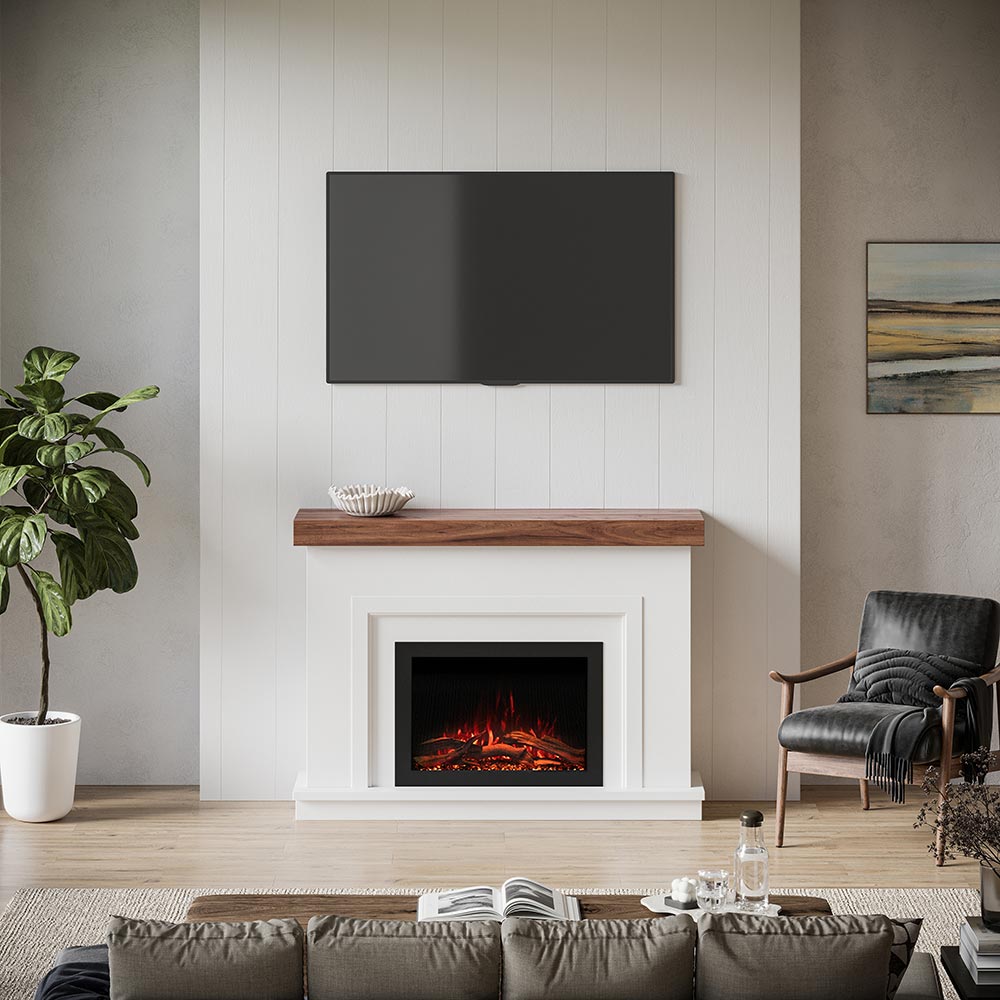 Leila Modern Stone Fireplace installed in a living room, demonstrating the casual luxury of the design.