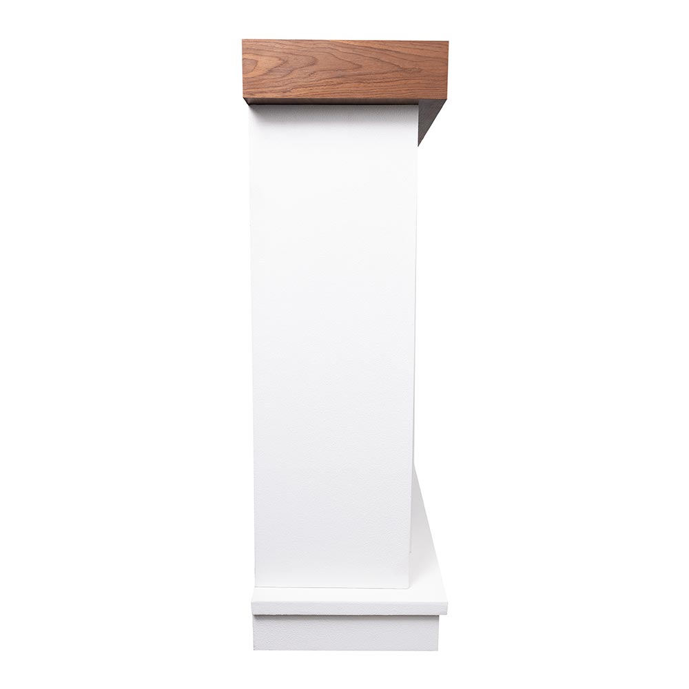 Side profile of the white cast stone mantel leg, showing the clean lines and texture.