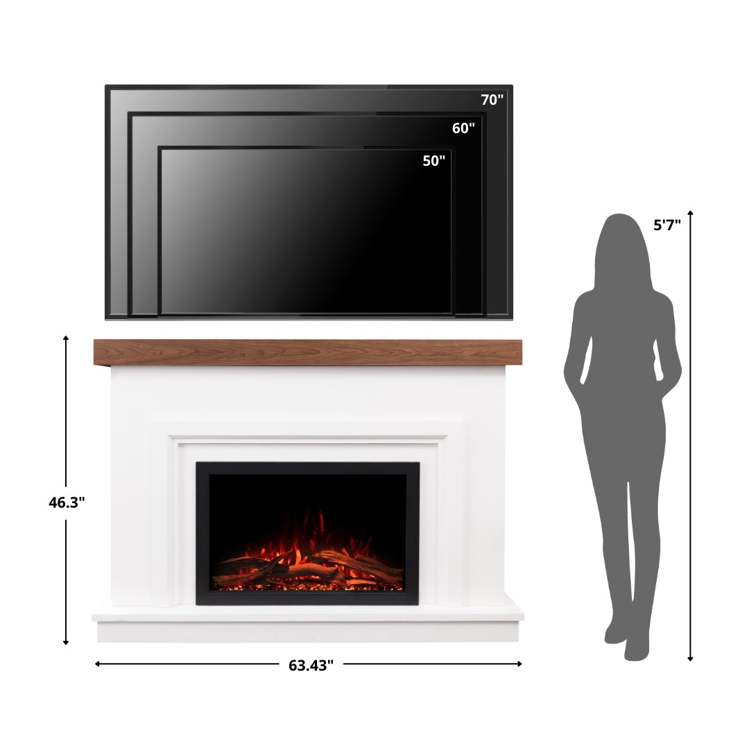 Diagram illustrating the dimensions of the Leila Modern Stone Mantel next to a human figure and a TV, showing the overall size.