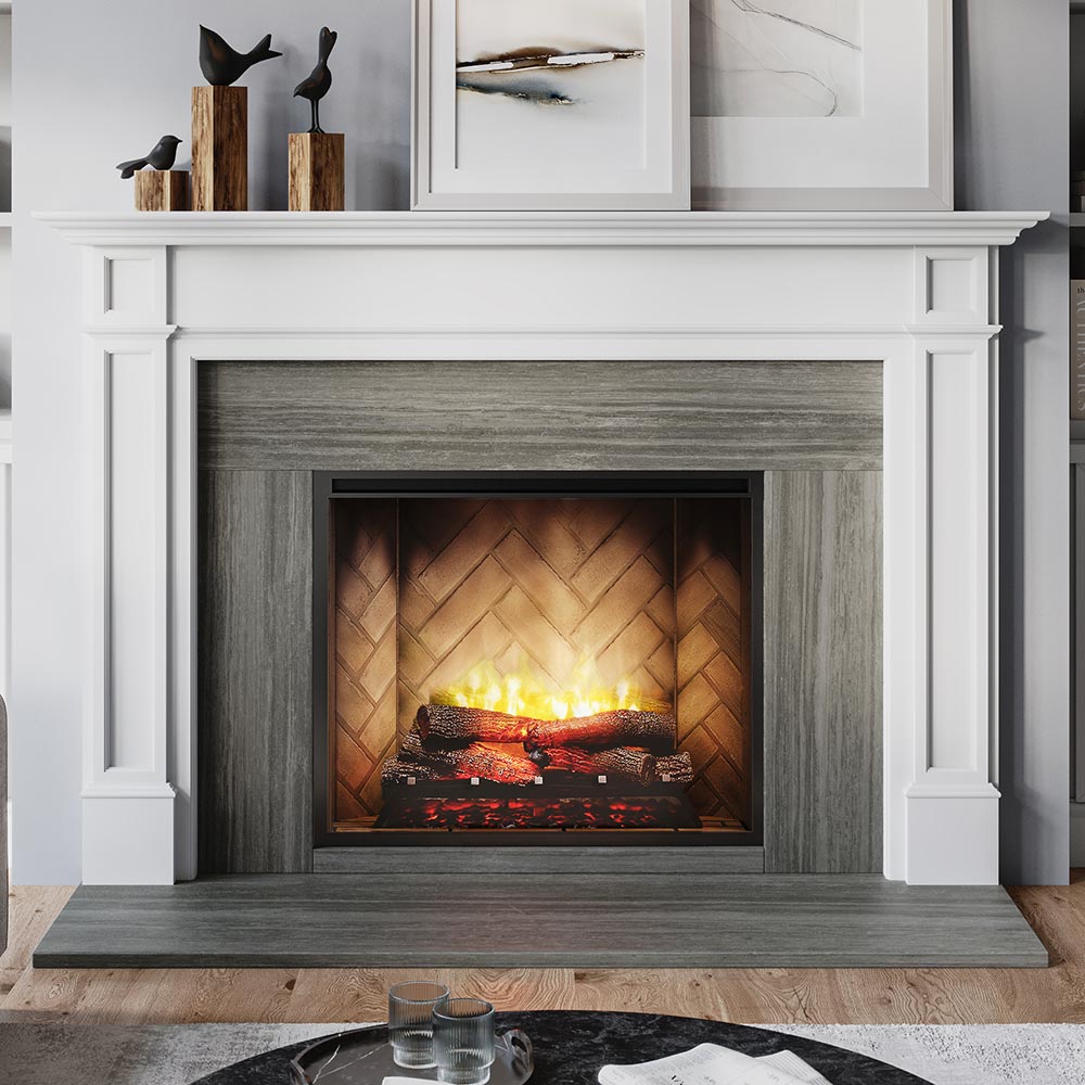 Lenwood Wood Mantel - White Paint, Paloma Grey Facing