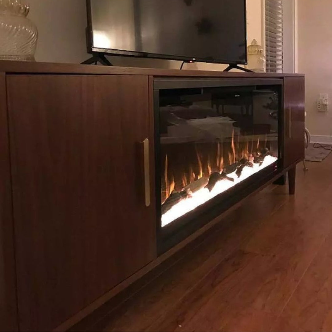 customer image Modern Ember walnut electric fireplace TV console with linear flame and gold hardware