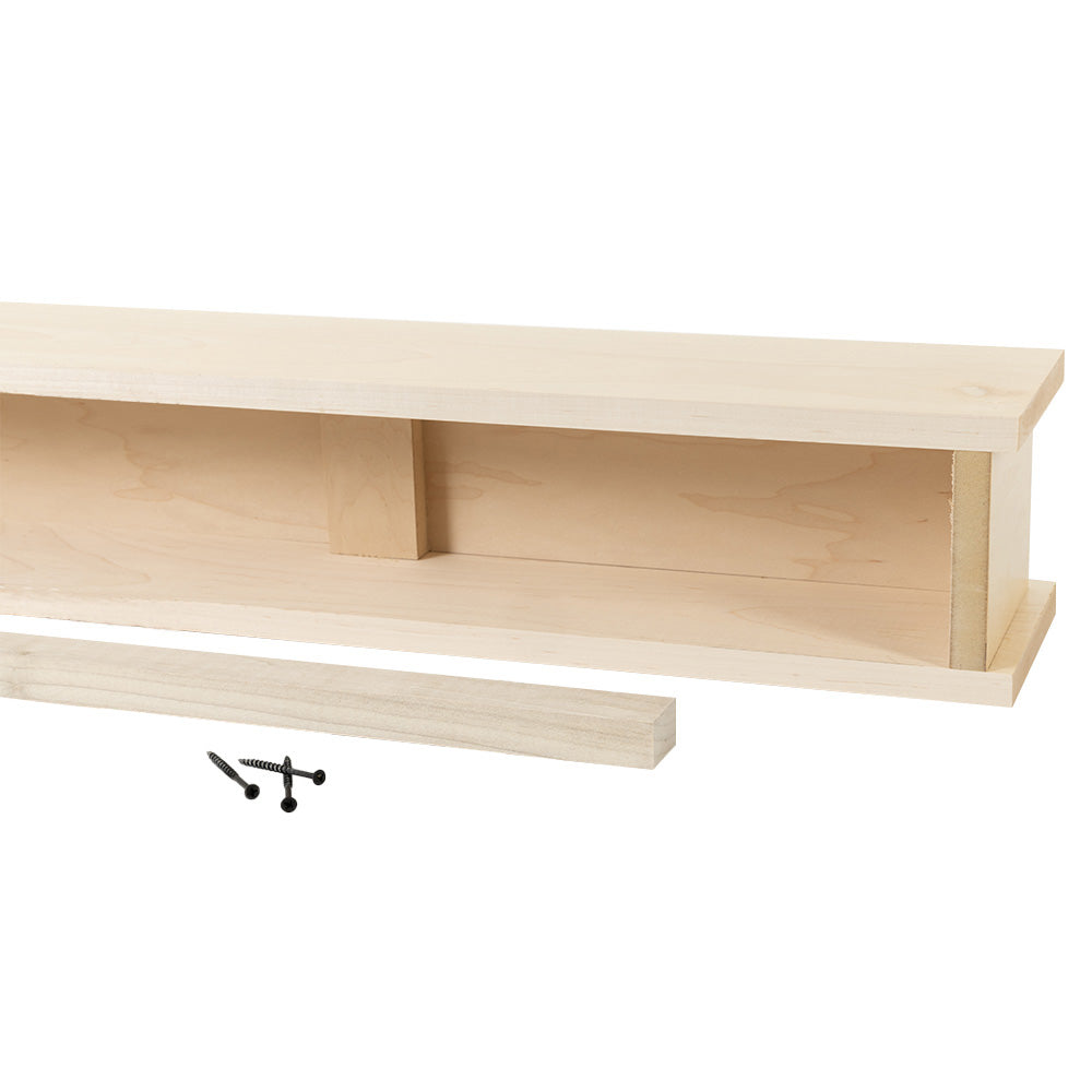 Exploded view of a light wood Modern Ember mantel shelf showing mounting bracket and hardware, 60-inch length