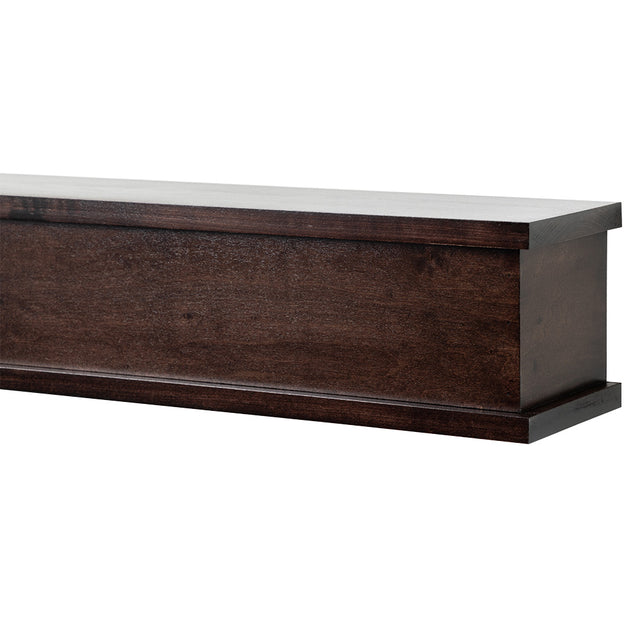angled view of Muirwood 60-in Wood Mantel Shelf in Chocolate Stain side profile