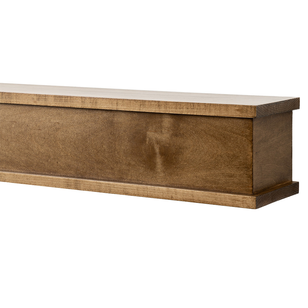 Muirwood 60-in Wood floating Mantel Shelf Provincial Stain, side view.