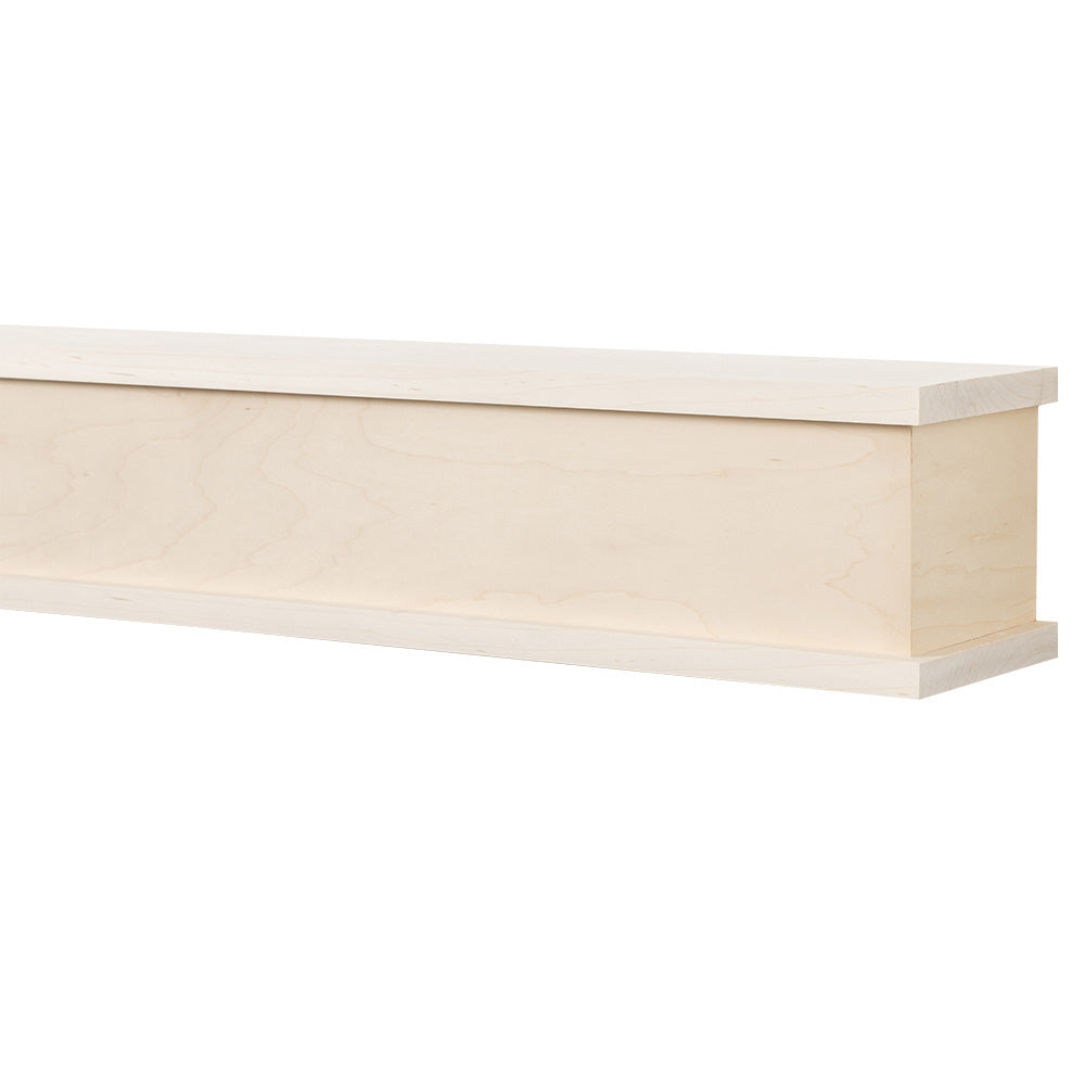 Muirwood 60-in Wood Mantel Shelf - Unfinished, side view.