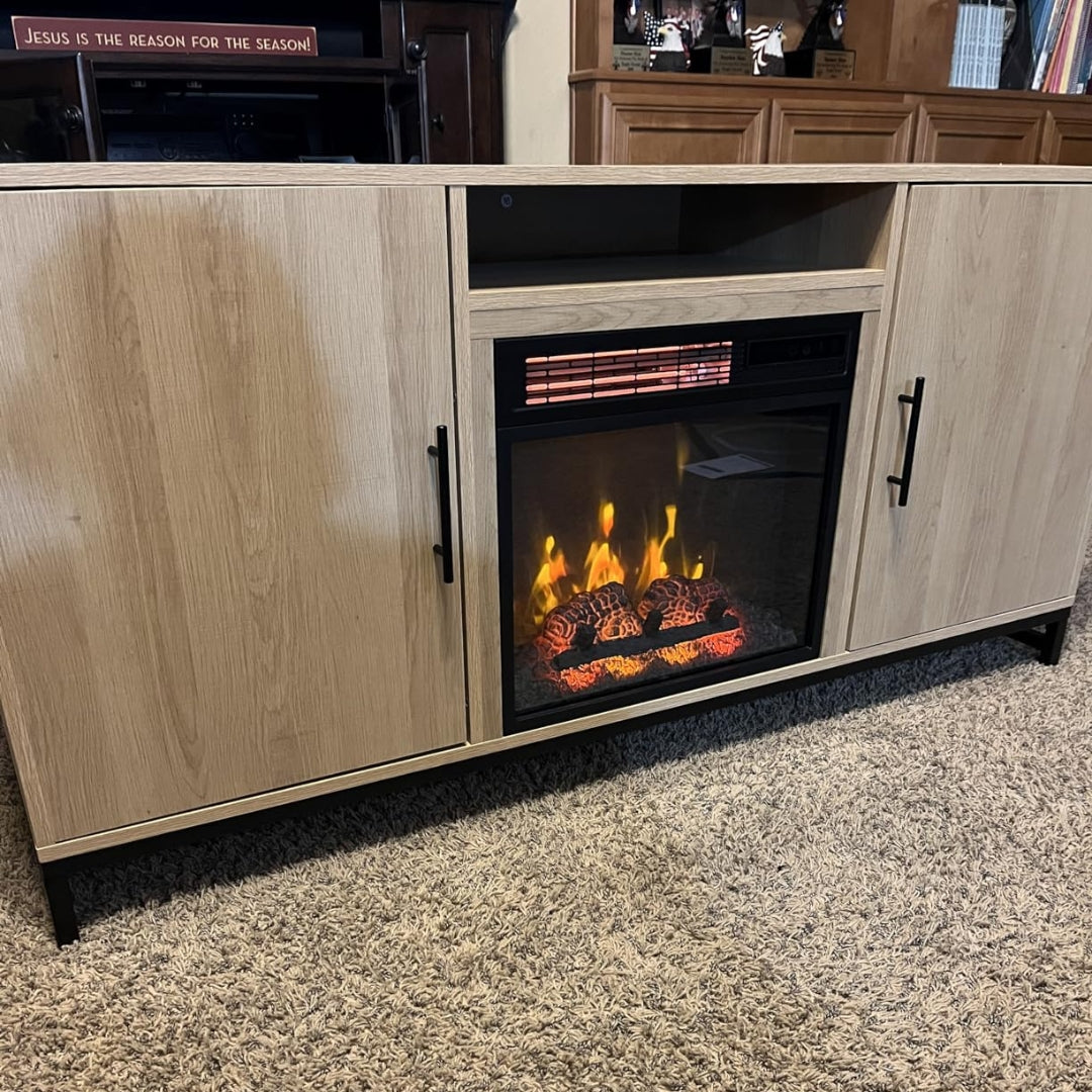 customer image of Modern Ember Rochester light oak electric fireplace TV console with open shelf and black hardware