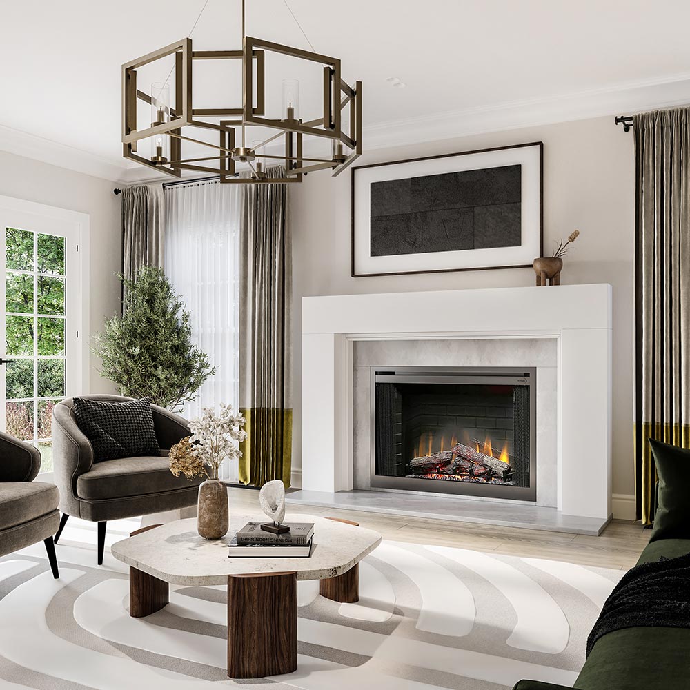 Sabine Wood Mantel - White Paint, Grey Linen Facing in modern living room