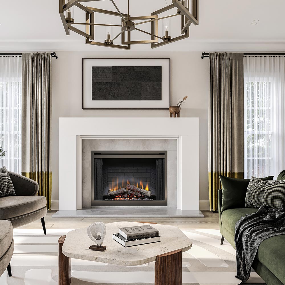 mantel surround in white finish with gray fireplace insert, styled in contemporary living room with chandelier and neutral décor