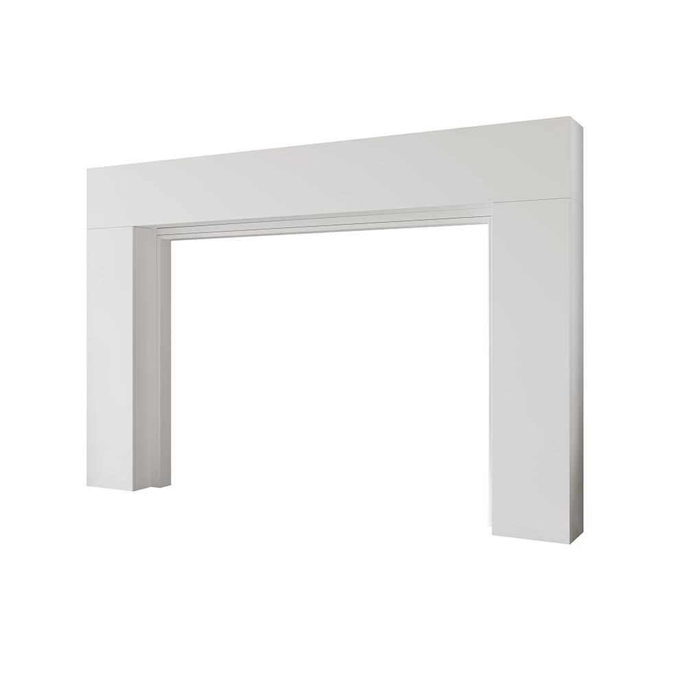 Angled view of Sabine Wood Mantel White Paint
