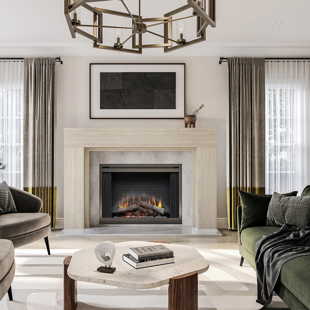 Sabine Wood fireplace Mantel Unfinished in modern livingroom.