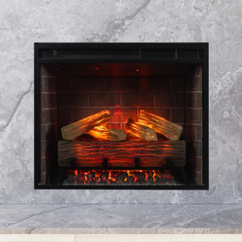 Uptown Smart Electric Insert recessed into a white mantel with marble surround, showing the cool-touch glass.
