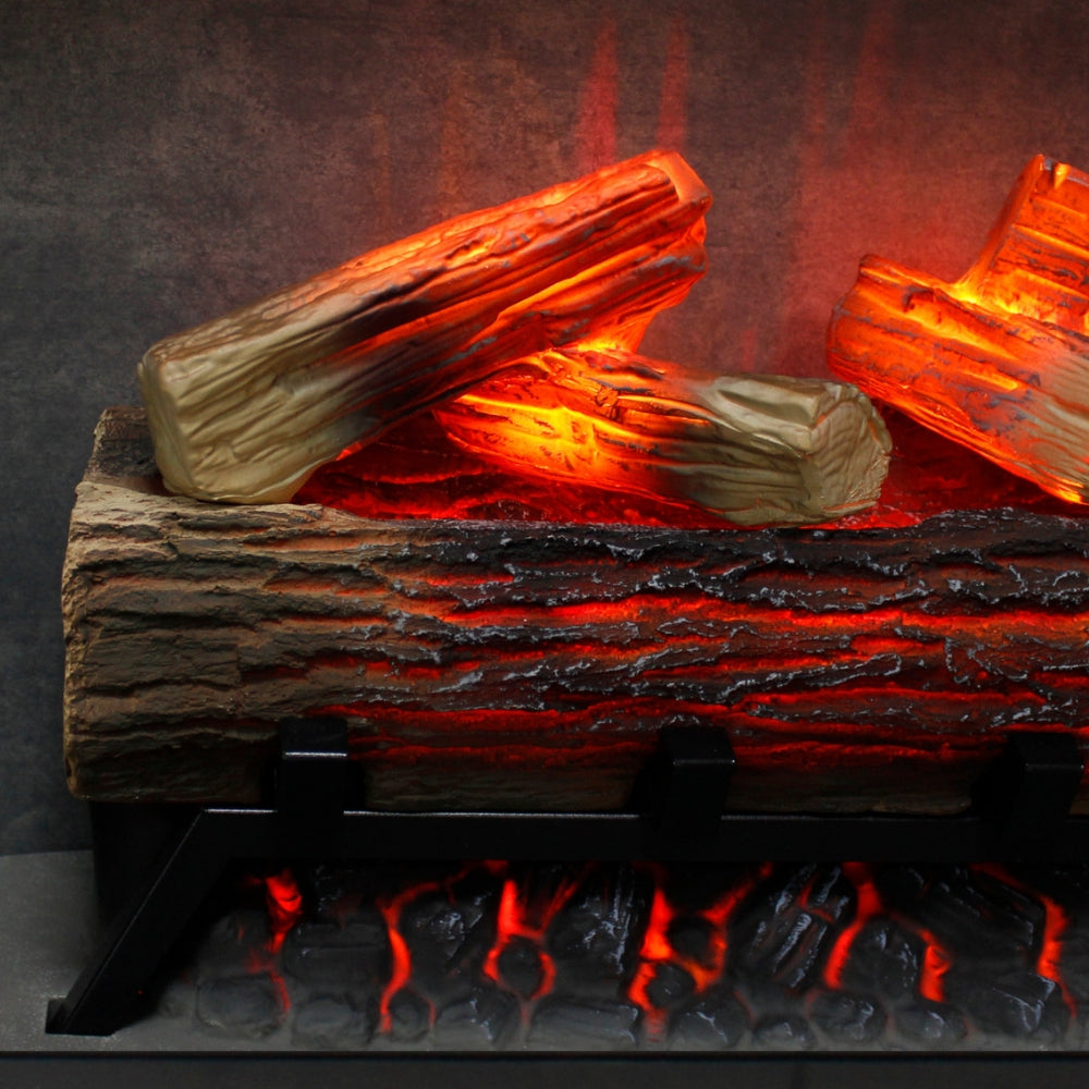 Close-up of the highly detailed log set and glowing embers inside the 28" smart-tech firebox.