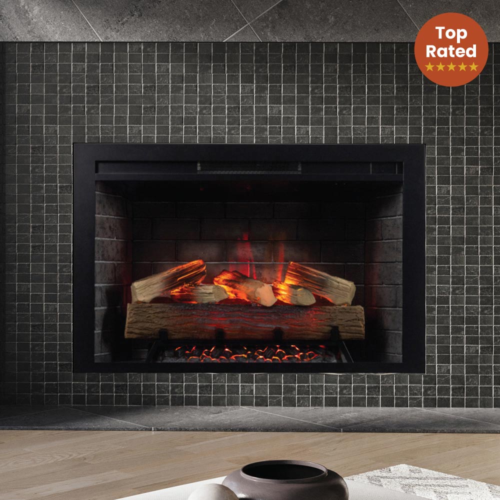 Uptown Insert installed in a wall with dark tile, highlighting the contemporary design.