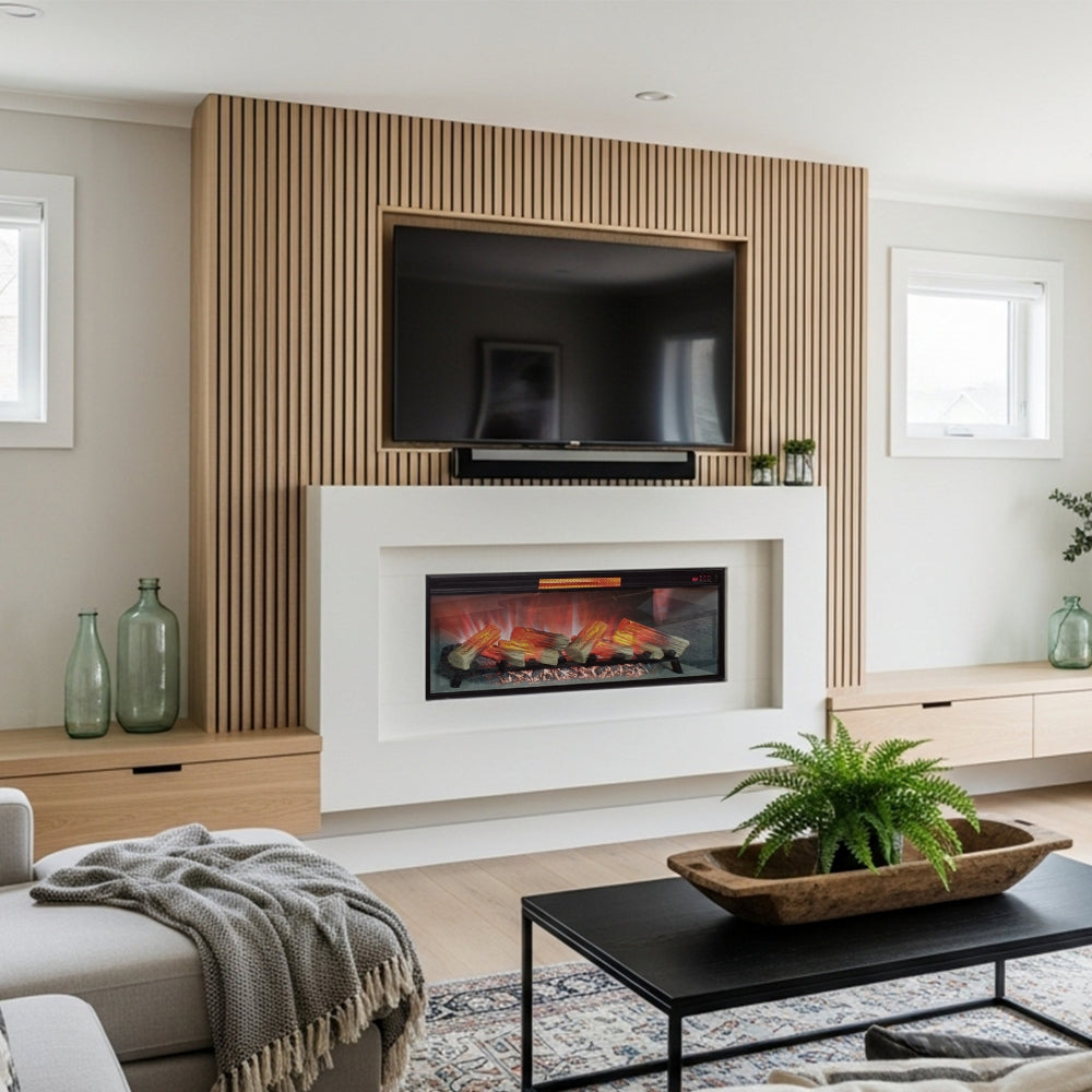 Angled view of the Uptown 42 inch Insert in a white mantel in a bright living room.