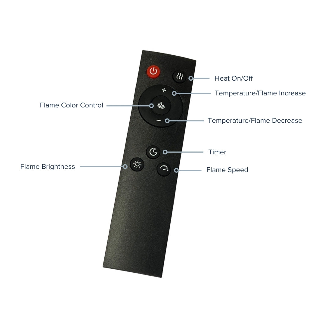 Full layout of the remote control for the Uptown Insert, showing buttons for heat, timer, and flame settings.