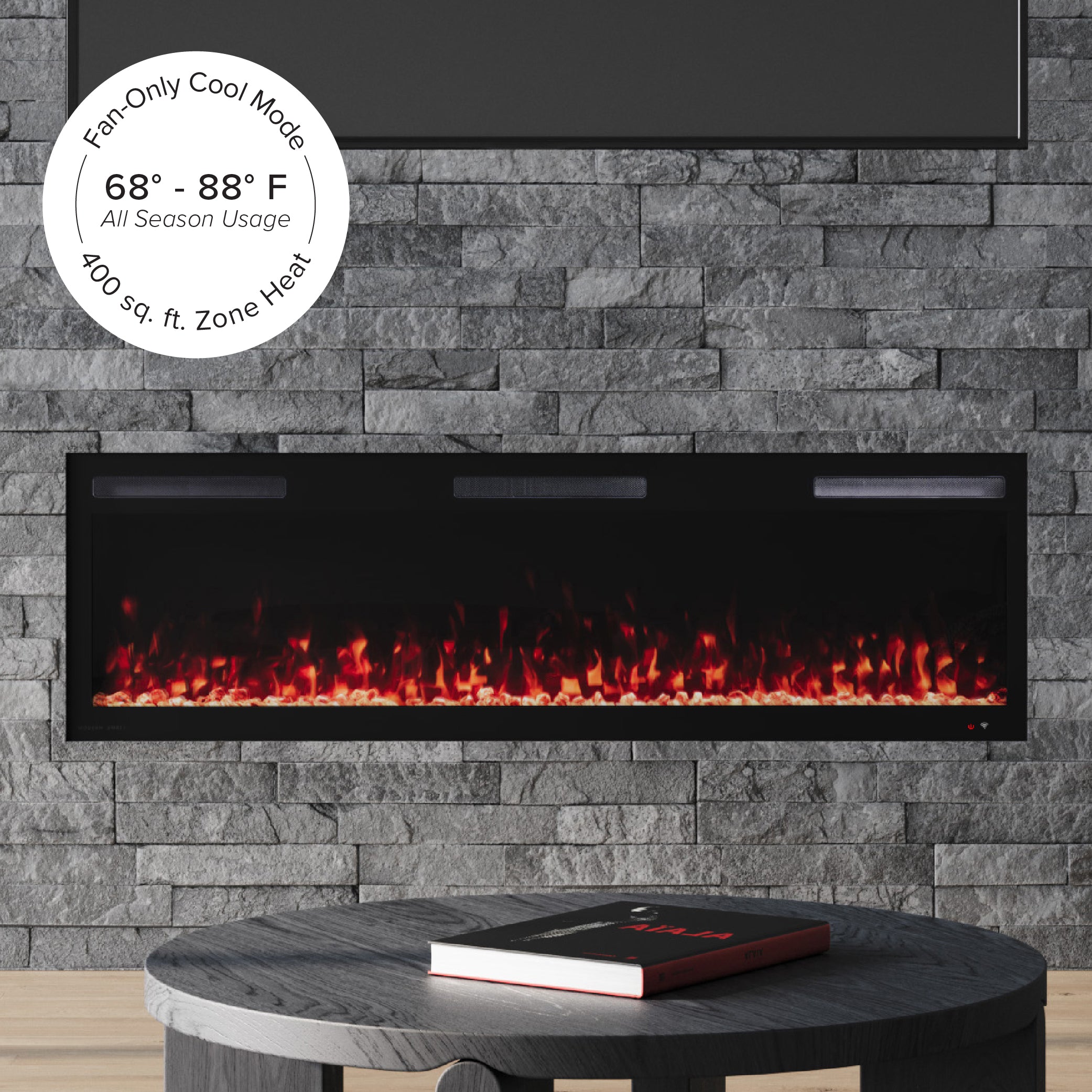 60 Inch Vibrance Linear Electric Fireplace with an orange flame display and crystal media.