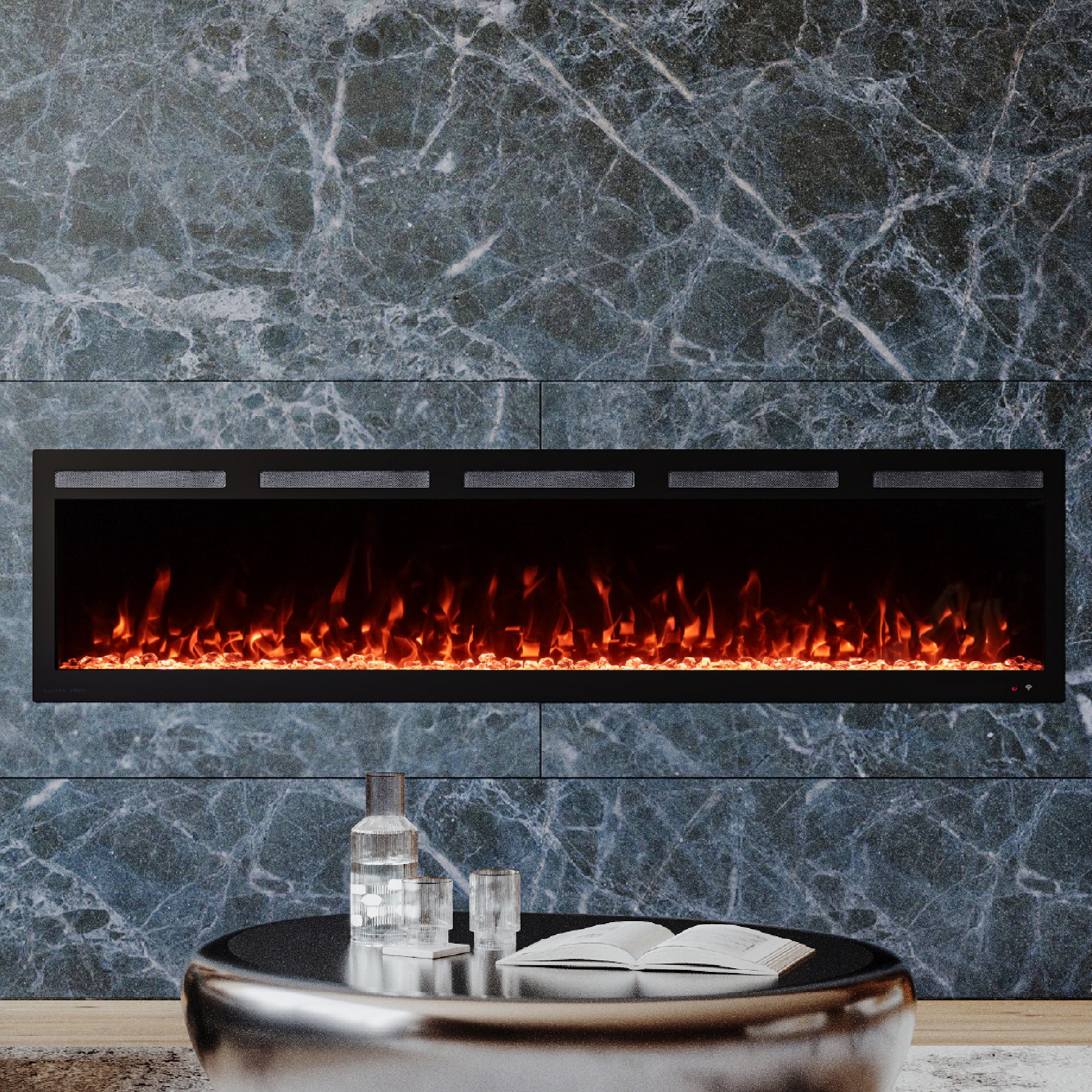 Close up view of Vibrance 72 Inch Electric Fireplace recessed in a in a modern marble wall setup.