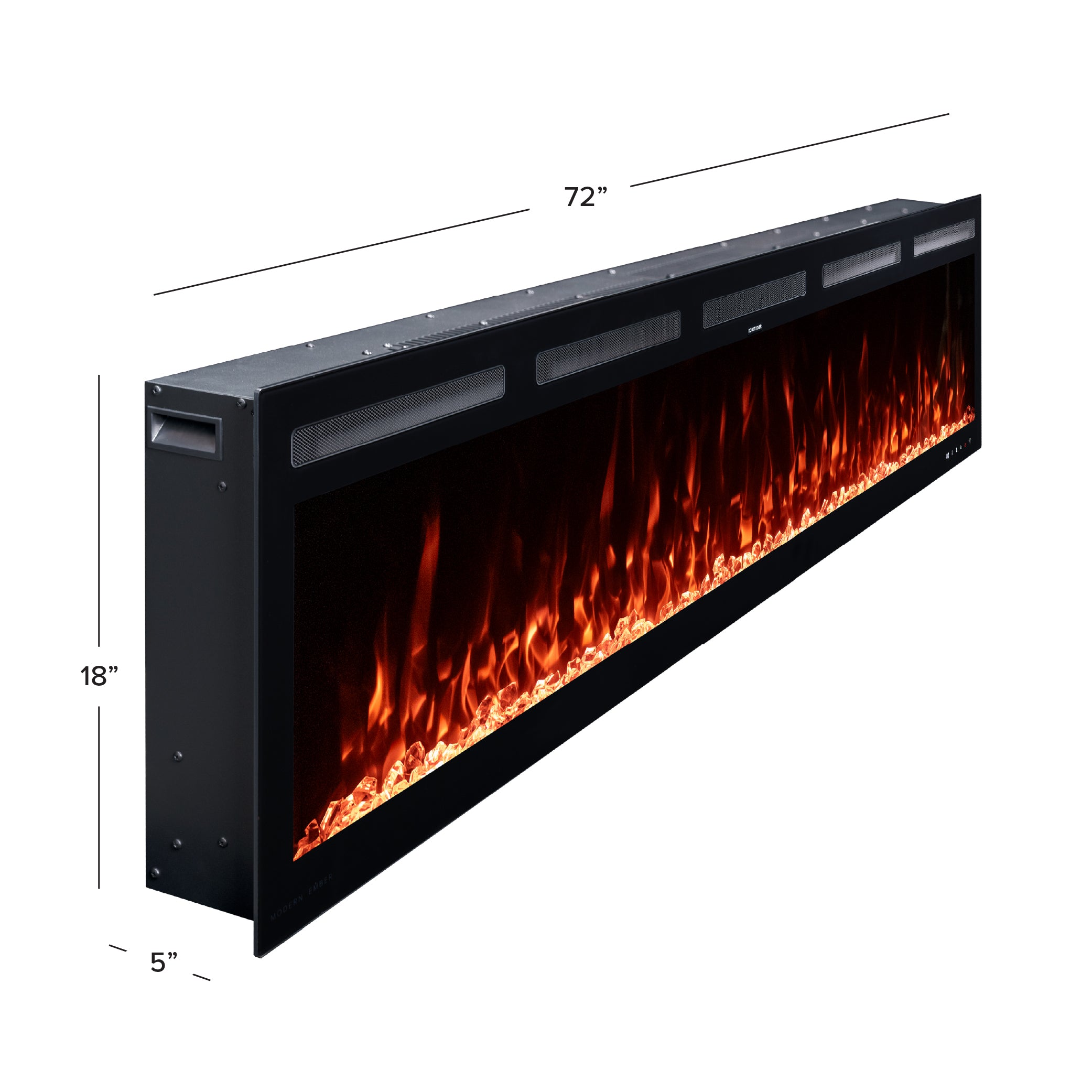 Corner view diagram of the 72 inch  Vibrance Fireplace.