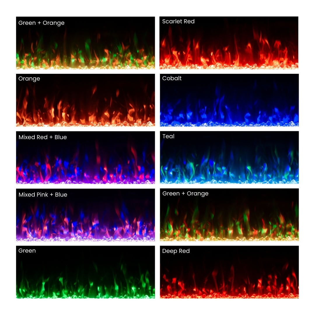 Grid displaying 10 different  flame and crystal color options for the Vibrance Linear Fireplace.