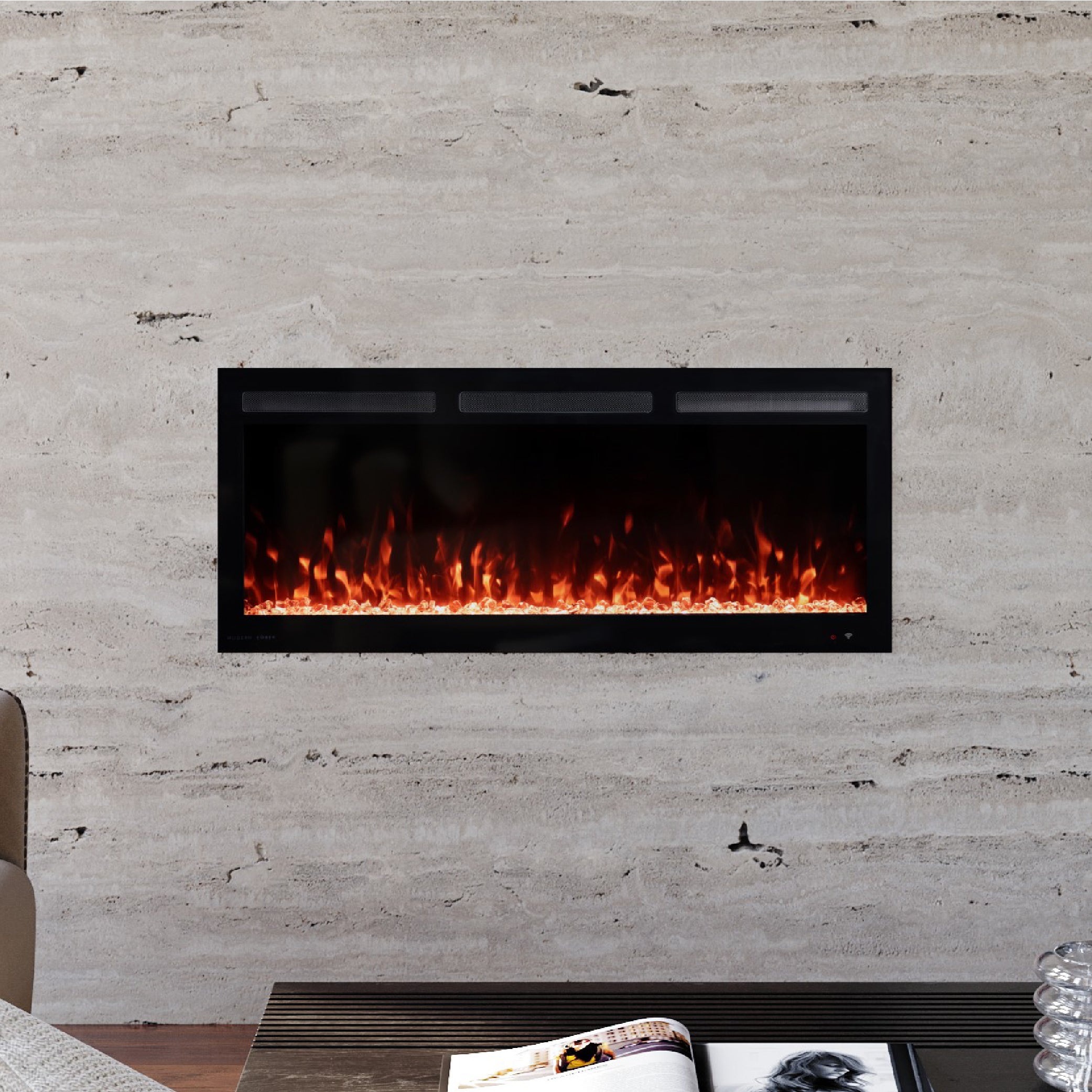 Close up of 42" Vibrance Linear Fireplace in a modern living room setting.