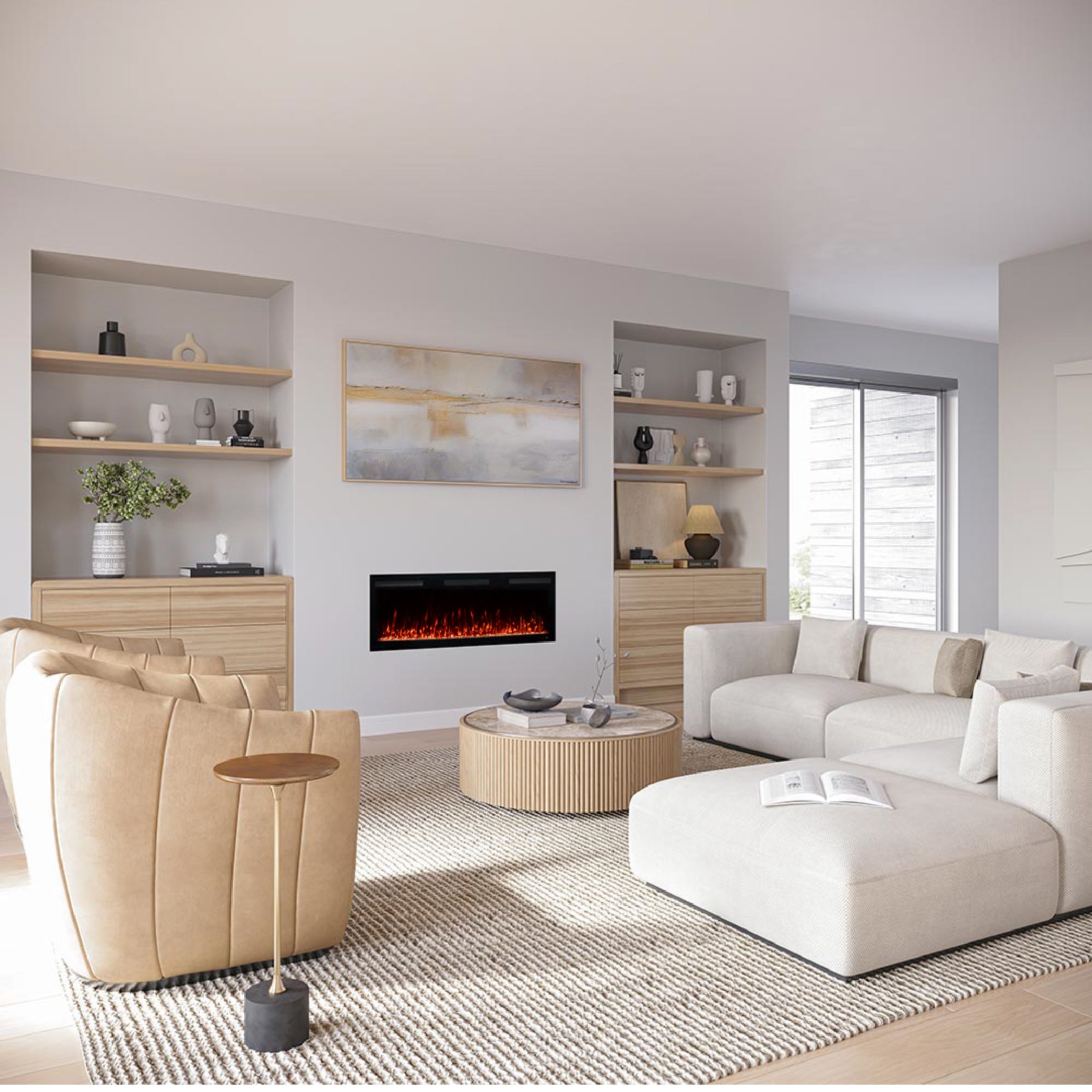 Angled view of the 50 inch  Vibrance Fireplace in a modern cream living room setup.